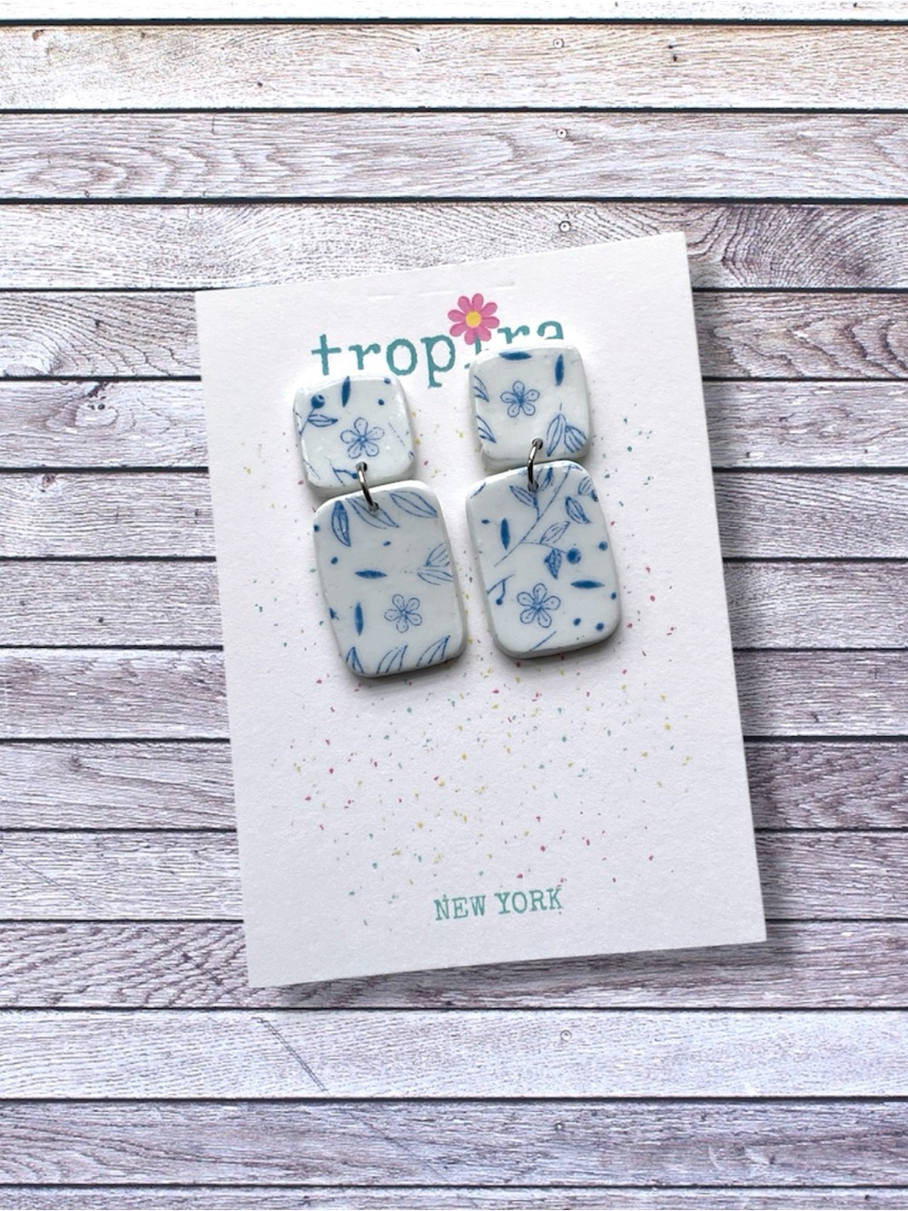 Blue & White Floral Square Dangling Stud Earrings